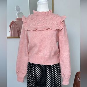 & Other Stories Soft Pink Ruffle Floral Cable-Knit Sweater